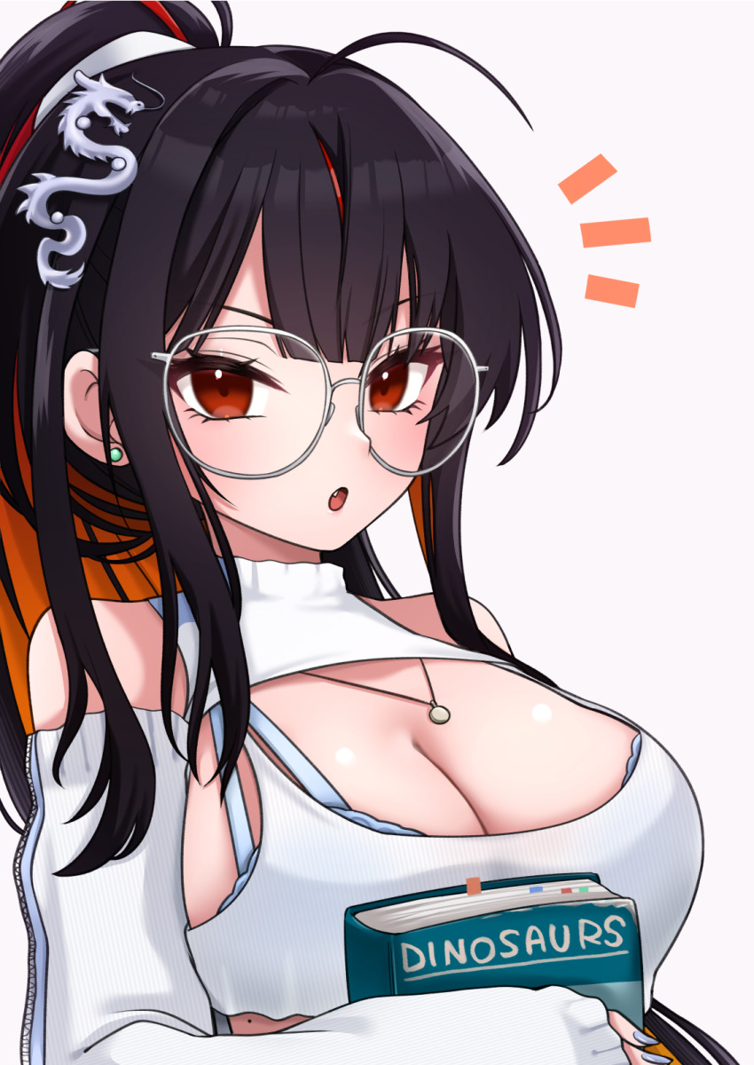 1girl :o bare_shoulders black_hair blush book breasts chiji_komari cleavage colored_inner_hair commentary_request detached_sleeves dragon_hair_ornament earrings glasses goddess_of_victory:_nikke grey_nails hair_ornament highres holding holding_book jewelry large_breasts long_eyelashes looking_at_viewer moran_(nikke) multicolored_hair necklace open_mouth orange_eyes ponytail sidelocks sleeveless solo stud_earrings sweater upper_body white_background