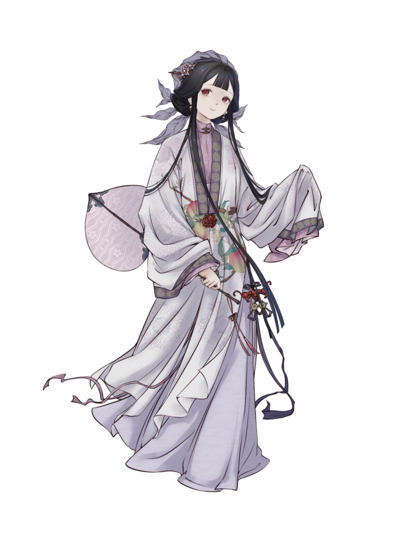 1girl alternate_costume beizi_(clothing) black_hair blunt_bangs chinese_clothes closed_mouth double-parted_bangs flower food-themed_hair_ornament food_print fruit_print full_body futao_ping_(wuhua_mixin) hair_ornament hanfu highres holding long_hair long_sleeves looking_at_viewer peach_print red_eyes sidelocks simple_background sleeves_past_wrists smile solo standing ubk_moyu very_long_hair white_background wide_sleeves wuhua_mixin