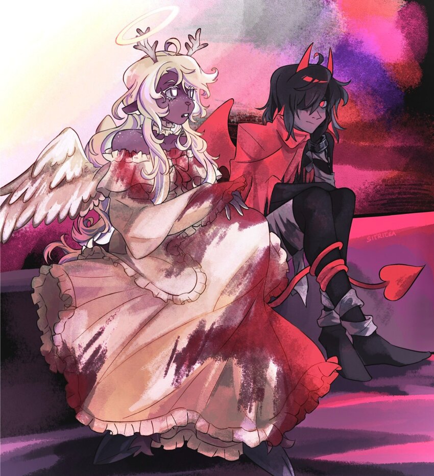 1girl 1other alternate_universe angel angel_and_devil angel_wings animal_ears antlers black_bodysuit black_hair black_shoes blonde_hair blood blood_on_clothes bodysuit borrowed_design choker commentary deer_antlers deer_ears deer_girl deltarune demon_horns demon_tail demon_wings dress english_commentary frilled_choker frilled_dress frills halo head_on_hand highres horns kris_(deltarune) long_dress long_hair long_sleeves noelle_holiday off-shoulder_dress off_shoulder red_eyes red_horns red_scarf red_tail red_wings scarf shoes short_hair signature sitritea sitting tail tail_around_own_leg white_dress white_wings wings