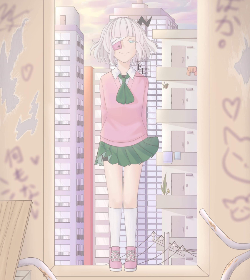 1girl absurdres arms_behind_back artist_request bandaged_head bandages black_horns blonde_hair blunt_bangs cellphone check_artist collared_shirt empitsu_hoshi eyepatch green_eyes green_neckerchief green_skirt highres horns kneehighs long_sleeves looking_at_viewer miniskirt neckerchief on_windowsill phone phone_eyepatch pink_shoes pink_sweater pleated_skirt ruru_(shinsei_kamattechan) shinsei_kamattechan shirt shoes short_hair single_horn skirt smile sneakers socks solo standing stuffed_animal stuffed_mouse stuffed_toy sweater thighs white_shirt white_socks