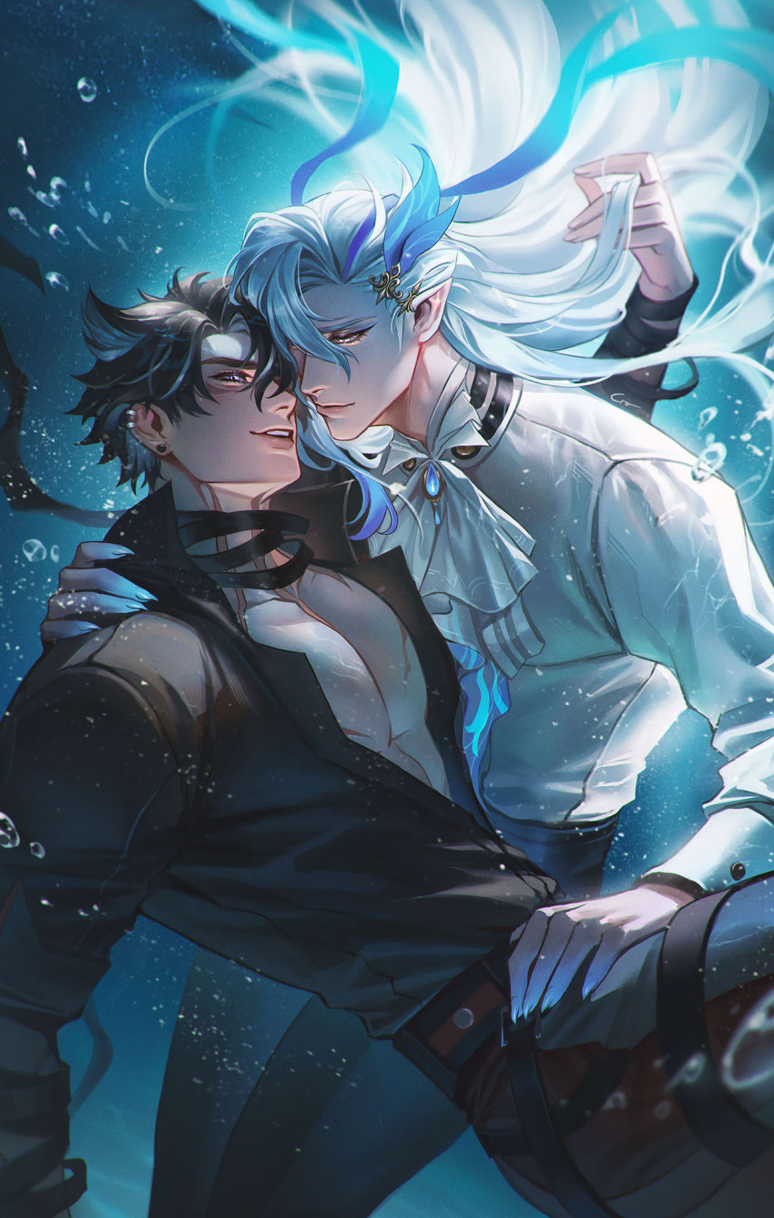 2boys air_bubble arm_around_shoulder ascot asymmetrical_bangs bandaged_arm bandaged_neck bandages black_bandages black_hair black_pants black_shirt blue_brooch blue_eyeliner blue_eyes blue_gemstone blue_streaks bubble commentary crovius ear_piercing earrings english_commentary eyeliner fingernails gem genshin_impact grey_eyes grey_pants grey_streaks hair_between_eyes hand_in_another&#039;s_hair hand_on_another&#039;s_thigh hand_up highres jewelry long_fingernails long_hair long_sleeves looking_at_another makeup male_focus multicolored_hair multiple_boys neuvillette_(genshin_impact) open_clothes open_shirt pants parted_lips pectoral_cleavage pectorals piercing pointy_ears sharp_fingernails shirt short_hair smile streaked_hair stud_earrings underwater white_ascot white_hair white_shirt wriothesley_(genshin_impact) yaoi
