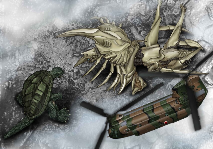 absurdres aircraft alien bug ch-47_chinook claws daiei_film elbow_blade elbow_spikes flying from_above full_body gamera gamera_(series) gamera_2:_attack_of_legion helicopter highres horns kaiju legion military no_humans satoru33 tail teeth turtle tusks