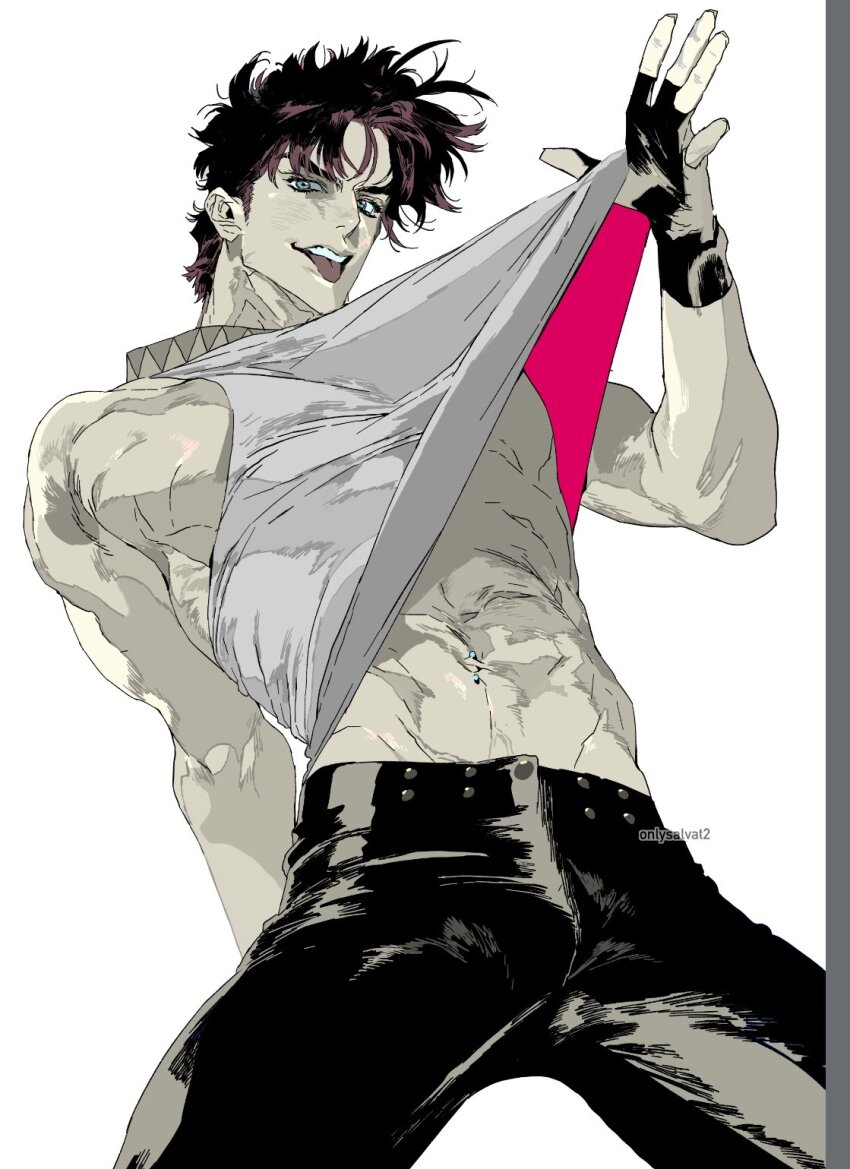 1boy :p abs alternate_costume battle_tendency black_gloves black_pants blue_eyes brown_hair clothes_lift fingerless_gloves gloves groin headband_around_neck highres jojo_no_kimyou_na_bouken joseph_joestar joseph_joestar_(young) male_focus mgong520 midriff muscular muscular_male muted_color navel_piercing pants pectorals piercing shirt shirt_lift sleeveless sleeveless_shirt solo tank_top tight_clothes tongue tongue_out underpec