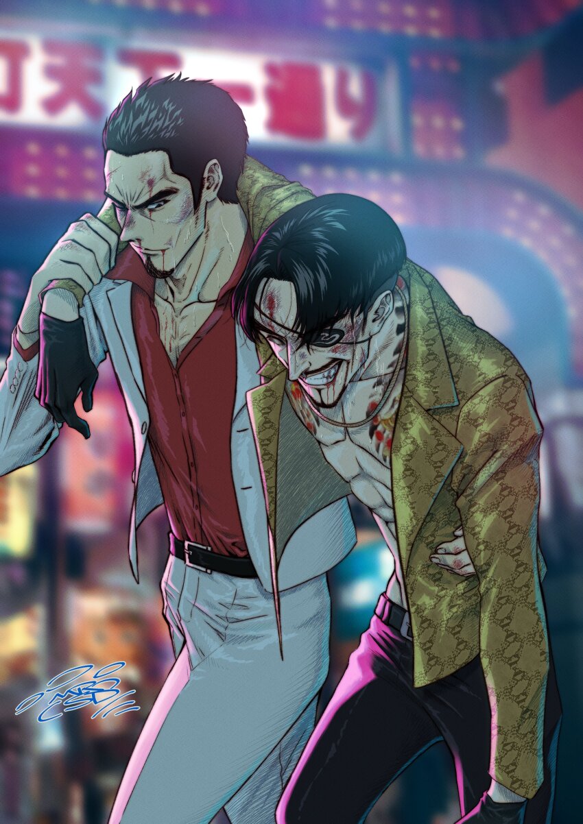 absurdres arm_over_shoulder black_gloves blood crazy_smile eyepatch formal_clothes gloves grey_suit highres kiryu_kazuma majima_goro mister_sd mistersd ryuu_ga_gotoku_(series) ryuu_ga_gotoku_1 signature smile suit tattoo