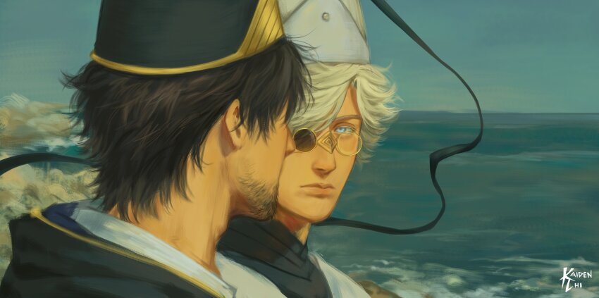2boys absurdres adam&#039;s_apple artist_name beard black_hair black_hat black_robe black_shirt blue_eyes closed_mouth commentary facial_hair glasses hashtag-only_commentary hat highres kaidenchii looking_at_another male_focus multiple_boys ocean olruggio_(tongari_boushi_no_atelier) outdoors parted_bangs pince-nez pointy_hat portrait_of_a_lady_on_fire qifrey_(tongari_boushi_no_atelier) realistic robe scene_reference shirt short_hair sky tongari_boushi_no_atelier water white_hair white_hat white_robe white_shirt