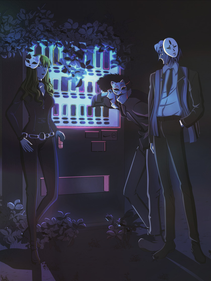 absurdres blonde_hair blue_eyes brown_eyes candyacne cat_mask couple cowboy_bebop curly_hair flower formal_clothes green_hair highres julia_(cowboy_bebop) mask mask_on_head non-web_source spike_spiegel suit vicious_(cowboy_bebop)