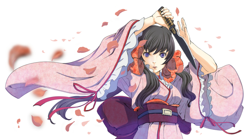 1girl animal_ears bad_id bad_pixiv_id black_hair bow dagger female_focus fox_ears hair_bow hair_ribbon japanese_clothes kimono knife kopperi long_hair obi otome_youkai_zakuro petals purple_eyes ribbon sash solo twintails upper_body weapon wide_sleeves zakuro zakuro_(otome_youkai_zakuro)