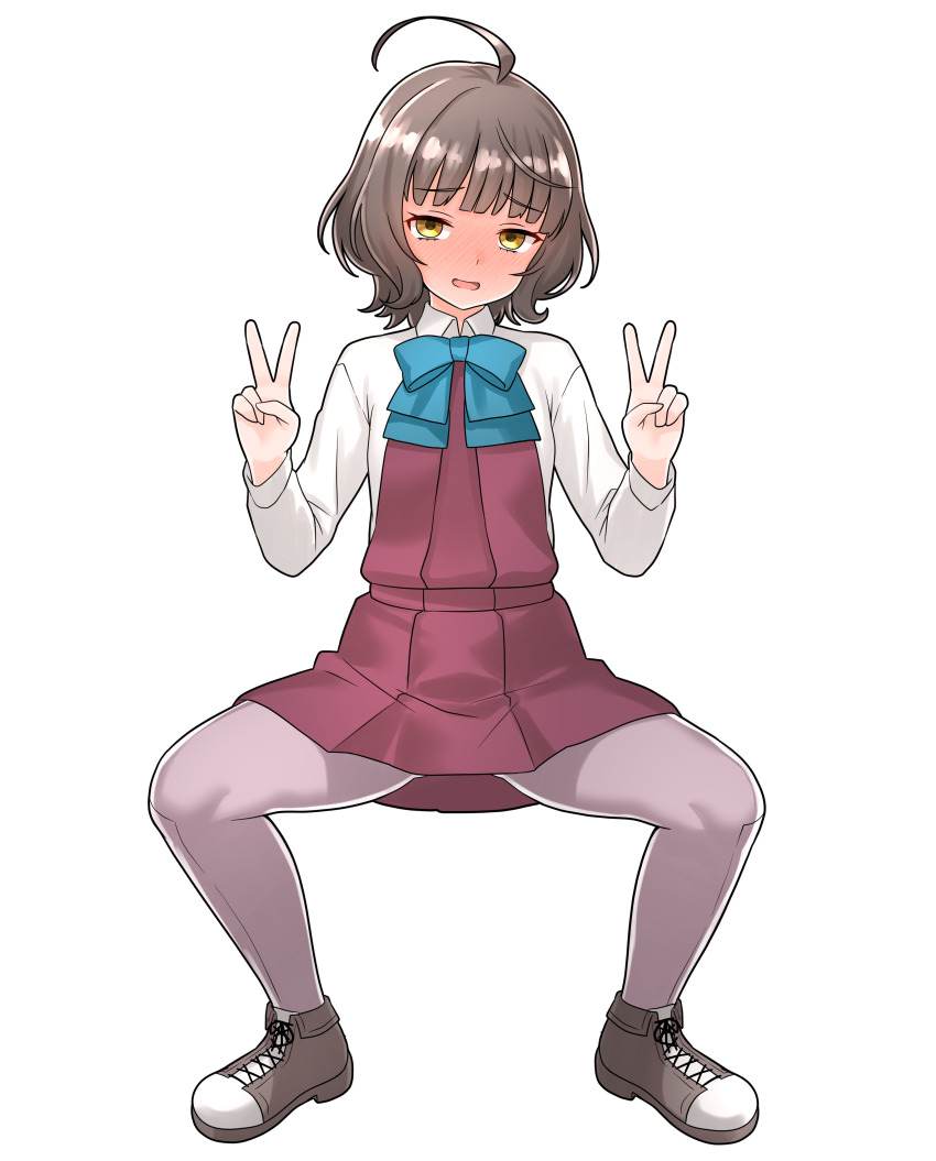 1girl absurdres ahoge aqua_bow aqua_bowtie black_shoes blunt_bangs bow bowtie collared_shirt commentary_request commission cowboy_shot double_v dress full_body furaggu_(frag_0416) highres kantai_collection kishinami_(kancolle) pantyhose pinafore_dress pixiv_commission purple_pantyhose red_dress shirt shoes short_hair simple_background sleeveless sleeveless_dress sneakers solo squatting standing v variant_set white_background white_shirt yellow_eyes