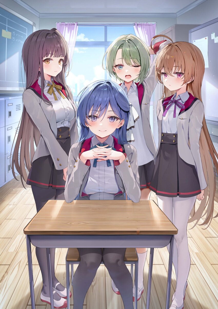 4girls absurdres ahoge black_pantyhose blue_eyes blue_hair blush brown_hair chalkboard closed_mouth desk full_body green_eyes green_hair hair_between_eyes highres huwari_(dnwls3010) indoors interlocked_fingers long_hair looking_at_viewer multiple_girls pantyhose school_desk school_uniform shirt shoes short_hair sitting skirt standing uwabaki white_pantyhose window