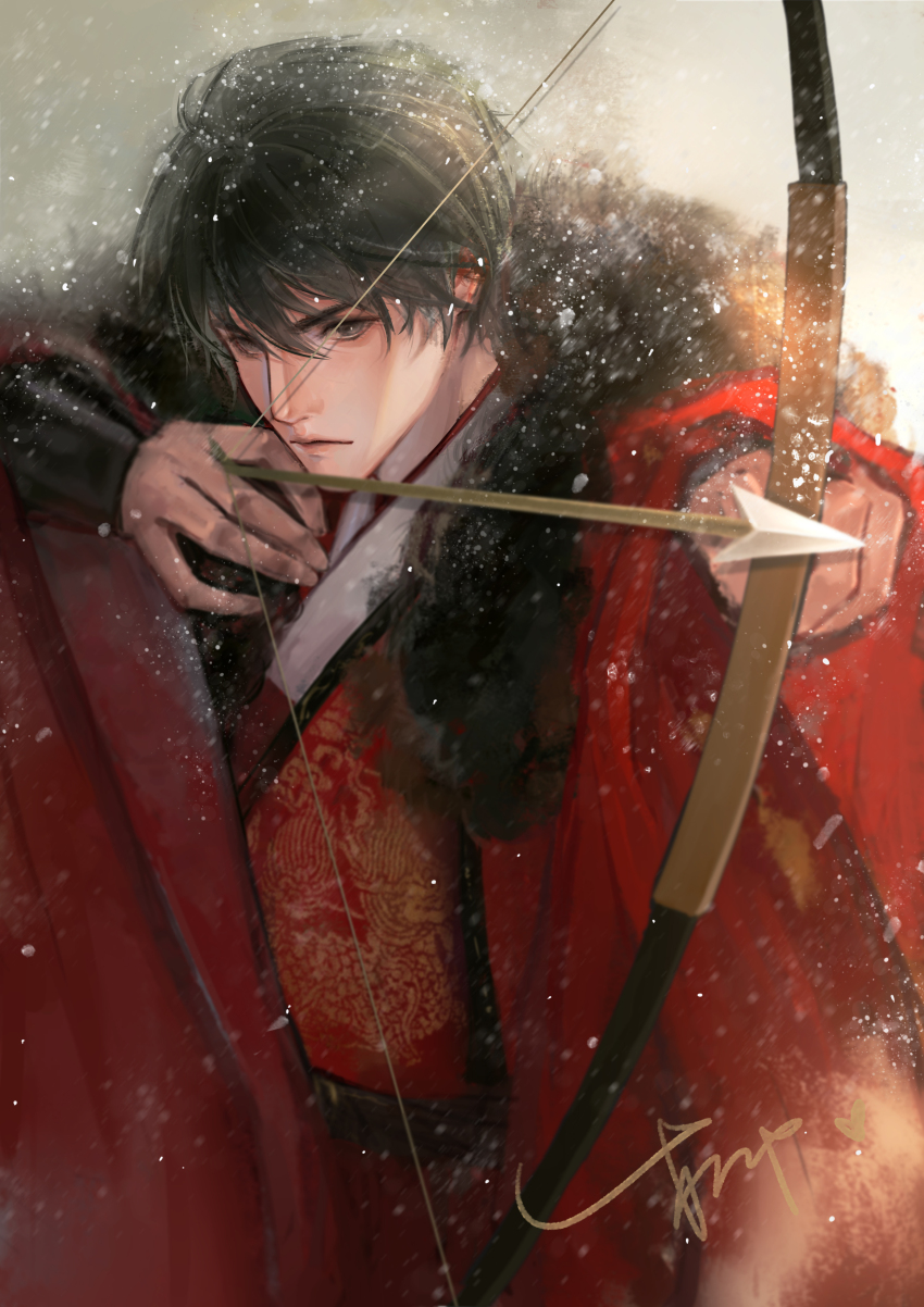 1boy absurdres aiming arrow_(projectile) black_eyes black_hair bow_(weapon) chinese_clothes chinese_commentary closed_mouth coat dao_mu_bi_ji drawing_bow fur-trimmed_coat fur_trim hair_between_eyes hanfu highres holding holding_arrow holding_bow_(weapon) holding_weapon liumumumumumu long_sleeves looking_at_viewer male_focus official_alternate_costume open_clothes open_coat outstretched_arm red_coat red_hanfu robe short_hair signature snowing solo upper_body weapon zhang_qiling