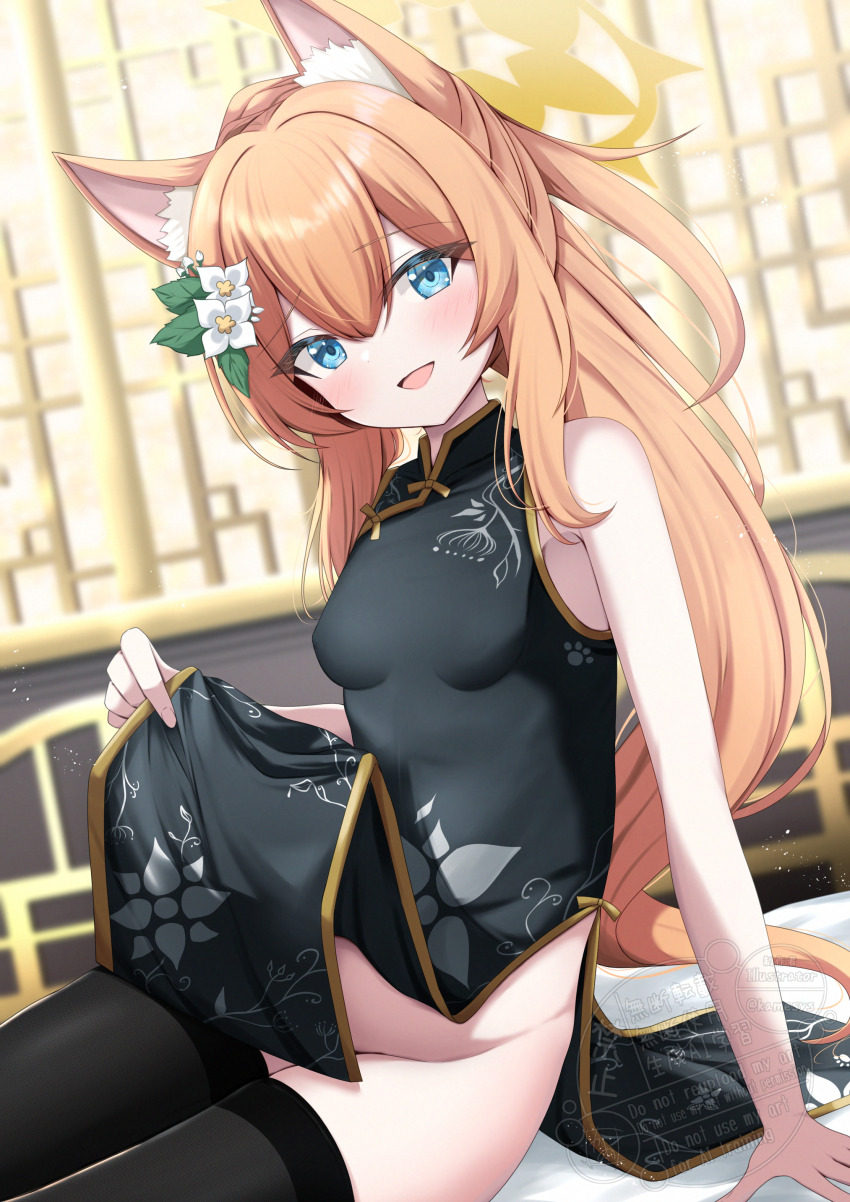 1girl absurdres animal_ear_fluff animal_ears bare_arms black_dress black_thighhighs blue_archive blue_eyes blush cat_ears cat_girl china_dress chinese_clothes clothes_lift dress floral_print flower hair_flower hair_ornament highres kamesys long_hair looking_at_viewer mari_(blue_archive) no_panties on_floor open_mouth orange_hair sidelocks sitting skirt skirt_lift sleeveless sleeveless_dress thighhighs white_flower