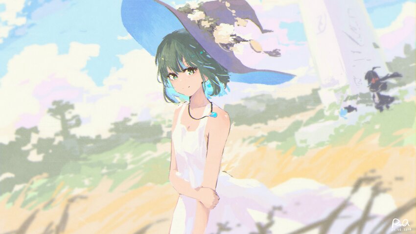 1girl absurdres ayn_(rnna) black_hat blue_hair blue_sky bright_pupils cloud colored_inner_hair dated dress green_hair hat highres holding_own_arm jewelry looking_at_viewer medium_hair multicolored_hair necklace obelisk original outdoors rnna signature sky smile solo sundress white_pupils witch_hat