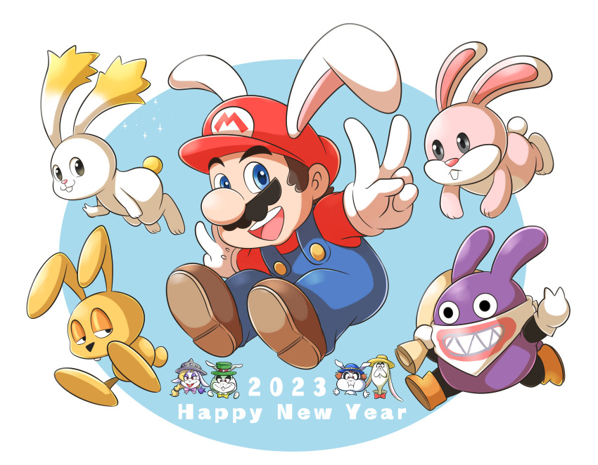 1girl 2023 3boys :d absurdres animal_ears aogaeru_(pixiv46613656) bandana bandana_over_mouth black_eyes blue_eyes blue_overalls blue_pants blurry blurry_background brown_footwear brown_hair buck_teeth bunny_mario buttons chinese_zodiac closed_mouth commentary commentary_request english_commentary facial_hair fake_animal_ears gloves happy_new_year hariet_(mario) hat highres holding holding_sack long_sleeves looking_at_viewer mario mario_(series) mips mixed-language_commentary multiple_boys mustache nabbit new_super_mario_bros._u new_year nintendo open_mouth overalls pants rabbit rabbit_ears rango_(mario) red_headwear red_shirt sack shirt shoes short_hair simple_background smile sparkle spewart star_bunny super_mario_3d_world super_mario_64 super_mario_galaxy super_mario_land_2 super_mario_odyssey teeth topper_(mario) two-tone_background upper_teeth_only v white_background white_bandana white_gloves year_of_the_rabbit