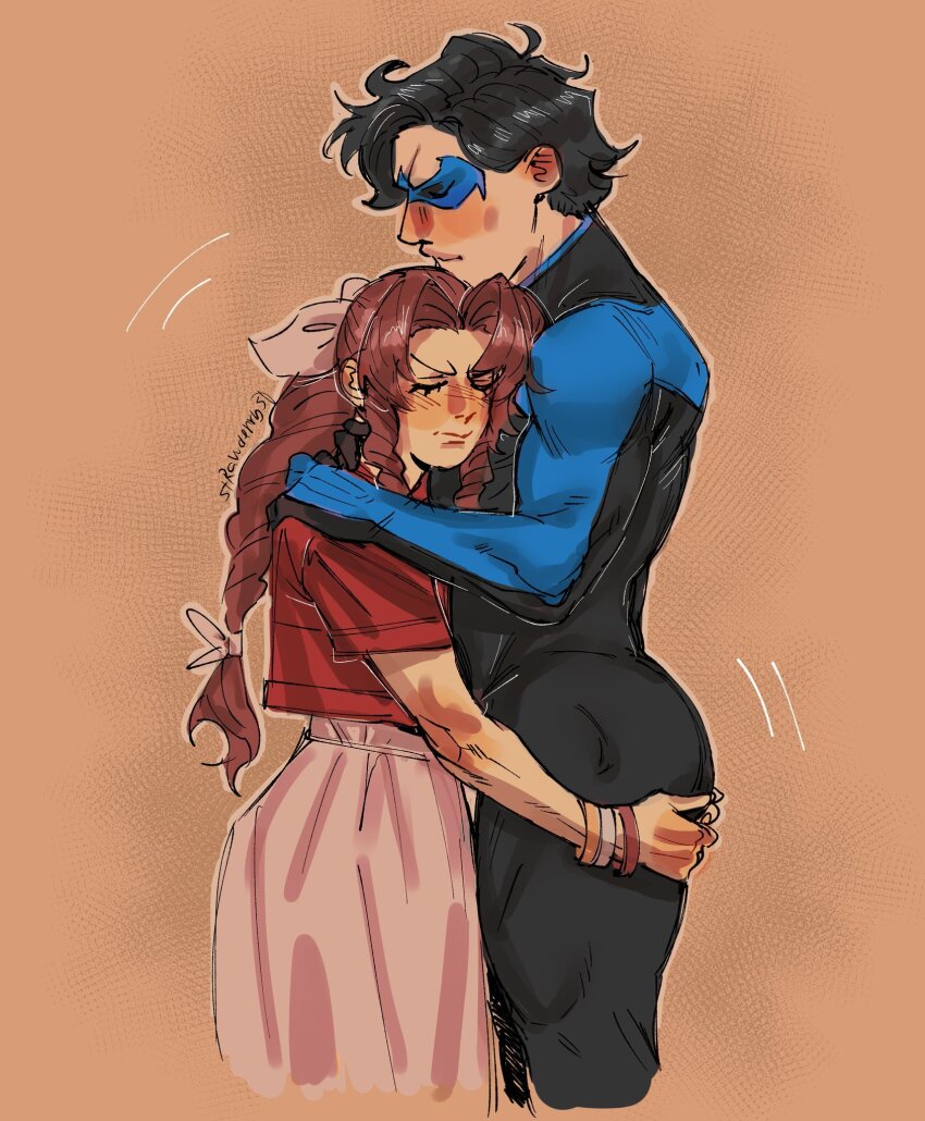 1boy 1girl aerith_gainsborough batman_(series) black_bodysuit black_hair blush bodysuit bracelet braid braided_ponytail brown_hair closed_eyes closed_mouth commentary commission cropped_legs crossover dc_comics dick_grayson dress drill_hair drill_sidelocks english_commentary eye_mask feet_out_of_frame final_fantasy final_fantasy_vii final_fantasy_vii_remake from_side grabbing_another&#039;s_ass groping hair_ribbon hand_on_another&#039;s_ass hand_on_another&#039;s_shoulder highres hug jacket jewelry long_hair mask motion_lines nightwing parted_bangs pink_dress pink_ribbon profile red_jacket ribbon short_hair short_sleeves sidelocks simple_background strawderryst