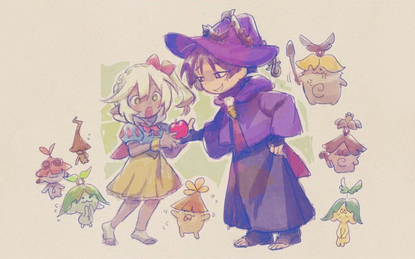 1boy 1girl alternate_costume alternate_skin_color apple aranara_(genshin_impact) blue_sleeves blunt_ends bow bowtie bracelet braid bridal_gauntlets bright_pupils capelet cosplay creature cross-shaped_pupils crown_braid dark-skinned_female dark_skin evil_smile feathers food frilled_skirt frills fruit genshin_impact giving_food gold green_eyes hair_between_eyes hair_bow halloween_costume hat hat_ornament holding holding_food holding_fruit hood hood_down hooded_jacket jacket jewelry juliet_sleeves long_hair long_skirt long_sleeves looking_at_another nahida_(genshin_impact) open_hands open_mouth parody partially_shaded_face plant pointy_ears pom_pom_(clothes) puffy_sleeves purple_eyes purple_footwear purple_hair purple_hat purple_jacket purple_skirt purple_sleeves red_bow red_bowtie red_capelet scaramouche_(genshin_impact) short_sleeves shouttie side_ponytail sidelocks skirt smile snow_white_(disney) snow_white_(disney)_(cosplay) snow_white_and_the_seven_dwarfs socks symbol-shaped_pupils thorns toeless_footwear toes vines white_background white_pupils white_socks witch_hat yellow_feathers yellow_skirt