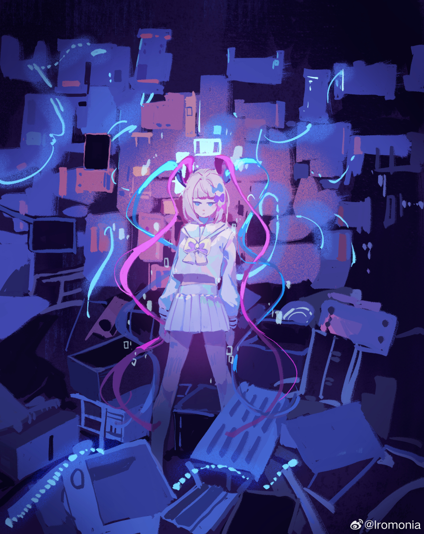 1girl absurdres blonde_hair blue_bow blue_eyes blue_hair blue_serafuku blue_shirt blue_skirt bow bowtie chinese_commentary chouzetsusaikawa_tenshi-chan closed_mouth commentary_request expressionless hair_bow highres insoluble_c legs_apart long_hair long_sleeves monitor multicolored_hair needy_girl_overdose photo-referenced pink_hair purple_bow quad_tails reference_request sailor_collar sailor_shirt school_uniform serafuku shirt skirt solo standing very_long_hair watermark weibo_watermark yellow_bow yellow_bowtie