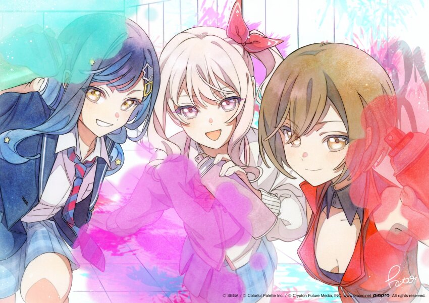 1other 2girls akiyama_mizuki breasts brown_eyes brown_hair cleavage commentary_request diagonal-striped_clothes diagonal-striped_necktie graffiti highres holding_spray_can kamiyama_high_school_uniform_(project_sekai) long_hair looking_at_viewer meiko_(vocaloid) multiple_girls necktie official_art open_mouth pato_(ptro) pink_eyes pink_hair project_sekai red_vest school_uniform shiraishi_an shirt short_hair side_ponytail smile spray_can striped_clothes vest vocaloid white_shirt