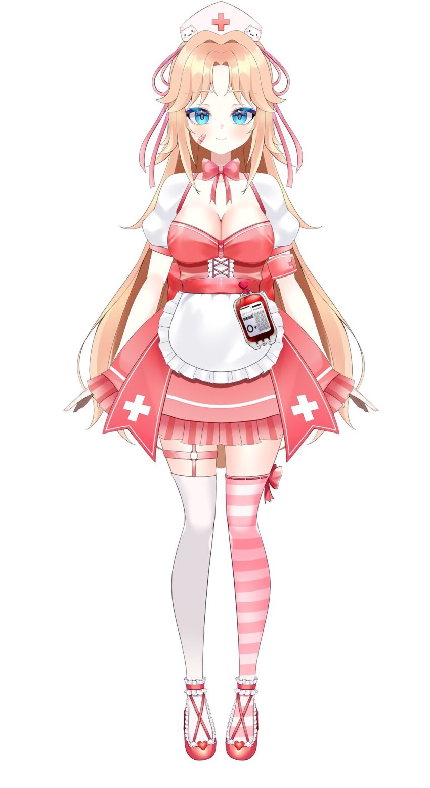 1girl ankle_garter apron armband artist_request asymmetrical_legwear bandaid bandaid_on_cheek bandaid_on_face blonde_hair blood blood_bag blood_type blue_eyes blush bow bowtie breasts cleavage closed_mouth cross cross_print dress frilled_dress frills full_body hair_ribbon hat highres indie_virtual_youtuber legwear_garter long_hair medium_breasts mismatched_legwear nurse nurse_cap o-ring o-ring_legwear_garter pink_bow pink_bowtie pink_dress pink_ribbon pink_shoes pink_thighhighs puffy_short_sleeves puffy_sleeves red_sash ribbon sash second-party_source shoes short_sleeves simple_background single_legwear_garter smile solo standing striped_clothes striped_thighhighs sugar_ser0 tachi-e thighhighs virtual_youtuber waist_apron white_apron white_background white_thighhighs zettai_ryouiki