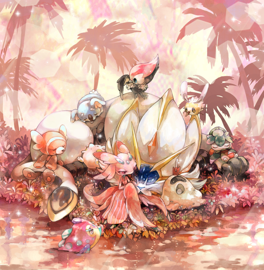 bird blue_eyes bruxish closed_eyes cutiefly fish fomantis gen_7_pokemon highres koala lake legendary_pokemon lurantis mokunami nintendo palm_tree pikipek pink_eyes pink_theme pokemon pokemon_(creature) sandygast shore shovel sleeping solgaleo stufful sunlight tail tail_wrap togedemaru tree