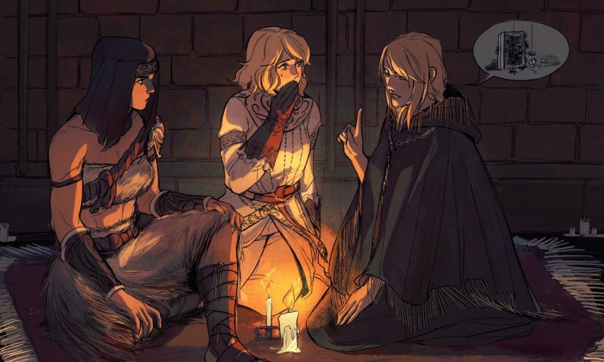 3girls bare_shoulders belt black_headdress blonde_hair blue_eyes blush bracer breasts brick_wall brush_(brush2h) bug candle cleavage cloak commentary dark-skinned_female dark_skin dress elden_ring english_commentary fia_the_deathbed_companion fire fur_bra fur_skirt gloves highres hood hood_down hooded_cloak index_finger_raised looking_at_another medium_breasts multiple_girls muscular muscular_female nepheli_loux red_carpet roderika_(elden_ring) sitting skill speech_bubble spider toned toned_female white_dress