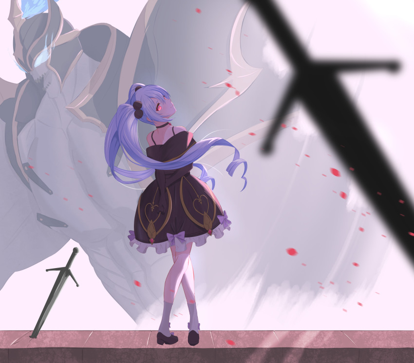 arms_behind_back black_dress crossed_arms dress full_body ghost gloves guardian_tales highres long_hair looking_at_viewer necromancer_noxia purple_eyes red_eyes sleeveless smile solo standing twintails weapon wesly2300 white_legwear