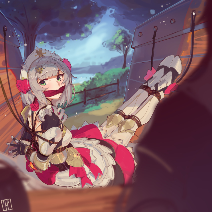 1girl absurdres armor arms_behind_back bdsm blunt_bangs blush bondage bound braid breasts cad_(caddo) cart cleavage cleave_gag cloth_gag commission dress flower gag gagged genshin_impact green_eyes grey_hair hair_flower hair_ornament highres improvised_gag kaddo kidnapped large_breasts maid maid_headdress noelle_(genshin_impact) outdoors red_flower red_rose rope rose sad second-party_source shibari short_hair solo tree vambraces