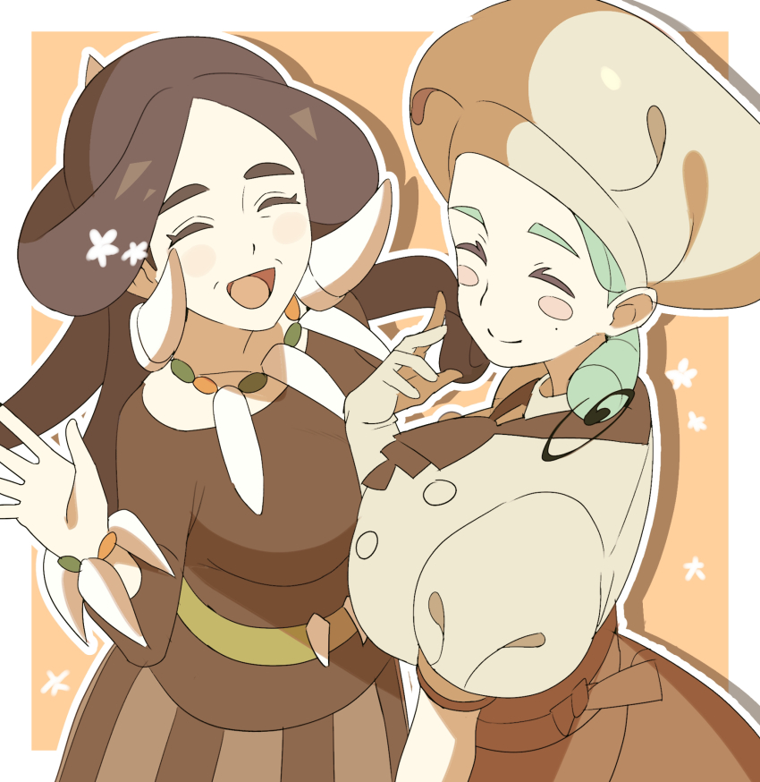 2girls :d =_(9_yawbus) apron blush_stickers border brown_apron brown_skirt closed_eyes closed_mouth commentary_request drasna_(pokemon) gloves green_hair hand_up hat highres jewelry katy_(pokemon) long_hair mole mole_on_cheek multiple_girls necklace nintendo open_mouth outline pokemon pokemon_sv pokemon_xy puffy_sleeves shirt short_sleeves skirt smile split_mouth star_(symbol) tongue waist_apron white_border