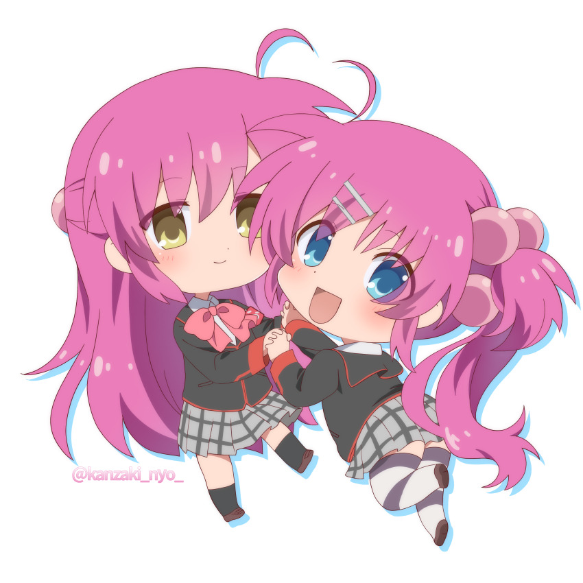 2girls :d absurdres ahoge black_jacket black_socks blue_eyes bow bowtie chibi chibi_only closed_mouth collared_shirt commentary eyes_visible_through_hair full_body futaki_kanata hair_between_eyes hair_bobbles hair_ornament hairclip half_updo happy highres holding_hands interlocked_fingers jacket kanzaki_nyo kneehighs little_busters! little_busters!_school_uniform long_hair long_sleeves looking_at_viewer looking_back multiple_girls one_side_up open_mouth parallel_hairclips pink_bow pink_bowtie purple_hair saigusa_haruka school_uniform shirt siblings side_ponytail sidelocks simple_background sisters smile socks striped_clothes striped_thighhighs tareme thighhighs twins twitter_username very_long_hair white_background white_shirt yellow_eyes