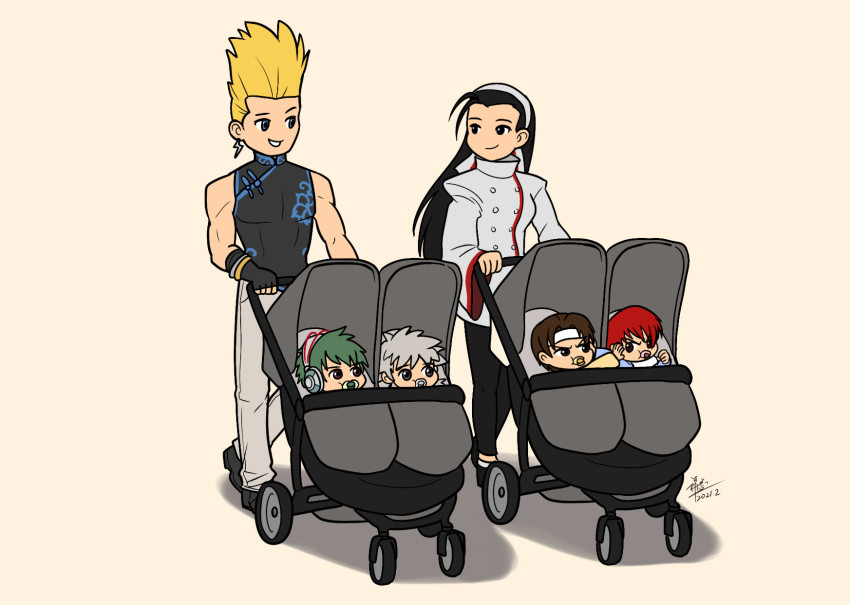 1girl 5boys black_hair blonde_hair earrings green_hair hairband headband highres jewelry kagura_chizuru kusanagi_kyou meitenkun multiple_boys nikaidou_benimaru pacifier red_hair shun&#039;ei stroller tanzong830 team_sacred_treasures_(kof) the_king_of_fighters the_king_of_fighters_xv white_hair yagami_iori aged_down