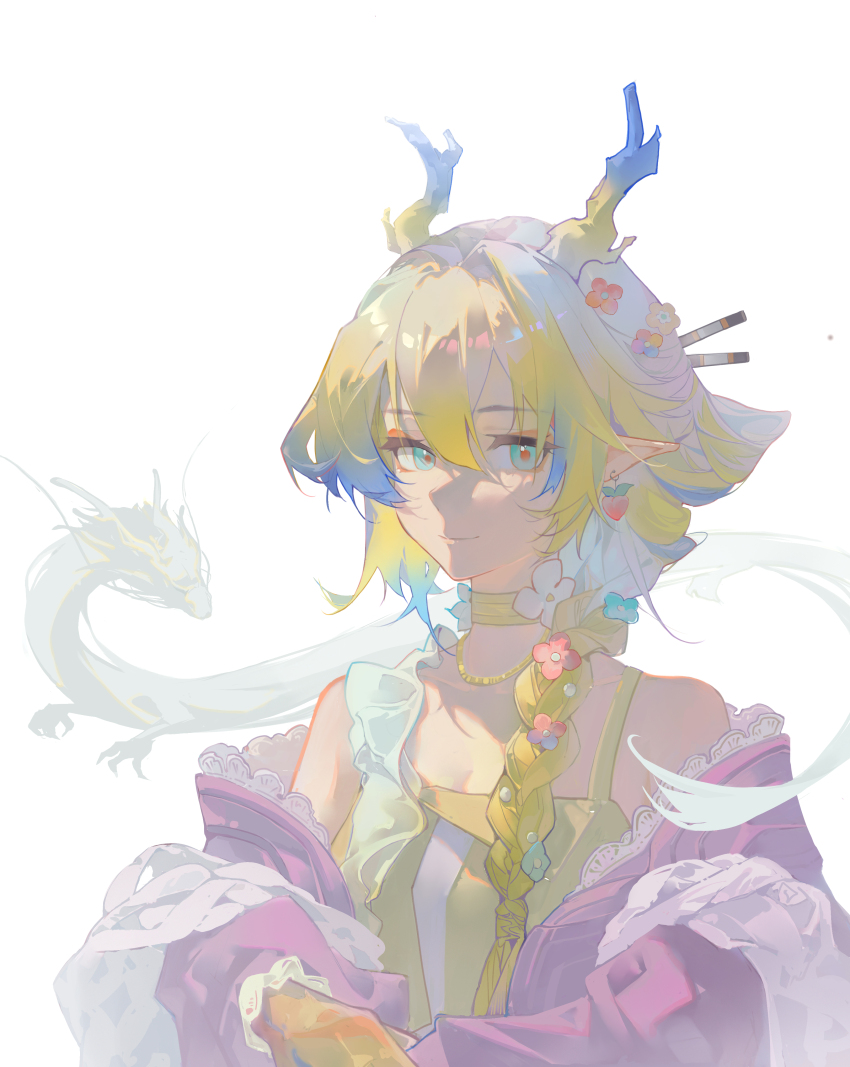1girl absurdres aqua_eyes arknights bare_shoulders blonde_hair blue_hair braid breasts camisole chinese_commentary choker cleavage closed_mouth commentary_request dragon dragon_girl dragon_horns eastern_dragon flower hair_between_eyes hair_flower hair_intakes hair_ornament highres horns long_hair looking_at_viewer medium_breasts miren_de_du_nan multicolored_hair off_shoulder official_alternate_costume orange_pupils partial_commentary pointy_ears shu_(arknights) shu_(spring_feast)_(arknights) simple_background smile solo upper_body white_background white_hair yellow_camisole yellow_choker
