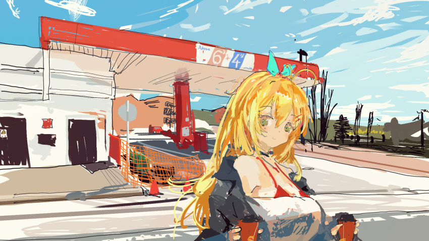 1girl antenna_hair aqua_ribbon bare_shoulders black_choker black_jacket blonde_hair blue_sky bra bra_strap breasts building choker closed_mouth commentary_request cup day disposable_coffee_cup disposable_cup gas_station green_eyes hair_ornament hair_ribbon hairclip highres holding holding_cup jacket kabuyama_kaigi large_breasts long_hair looking_at_viewer off-shoulder_shirt off_shoulder outdoors red_bra ribbon road road_sign shirt sign sky smile solo standing stop_sign traffic_cone tsurumaki_maki underwear upper_body voiceroid white_shirt