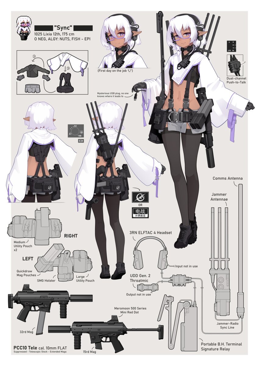 1girl absurdres belt_pouch black_thighhighs dark-skinned_female dark_skin english_text eotech glasses gun headphones highres magazine_(weapon) navel original pointy_ears pouch radio_antenna shoes sneakers solo submachine_gun suppressor thighhighs vectorek vertical_foregrip weapon white_hair