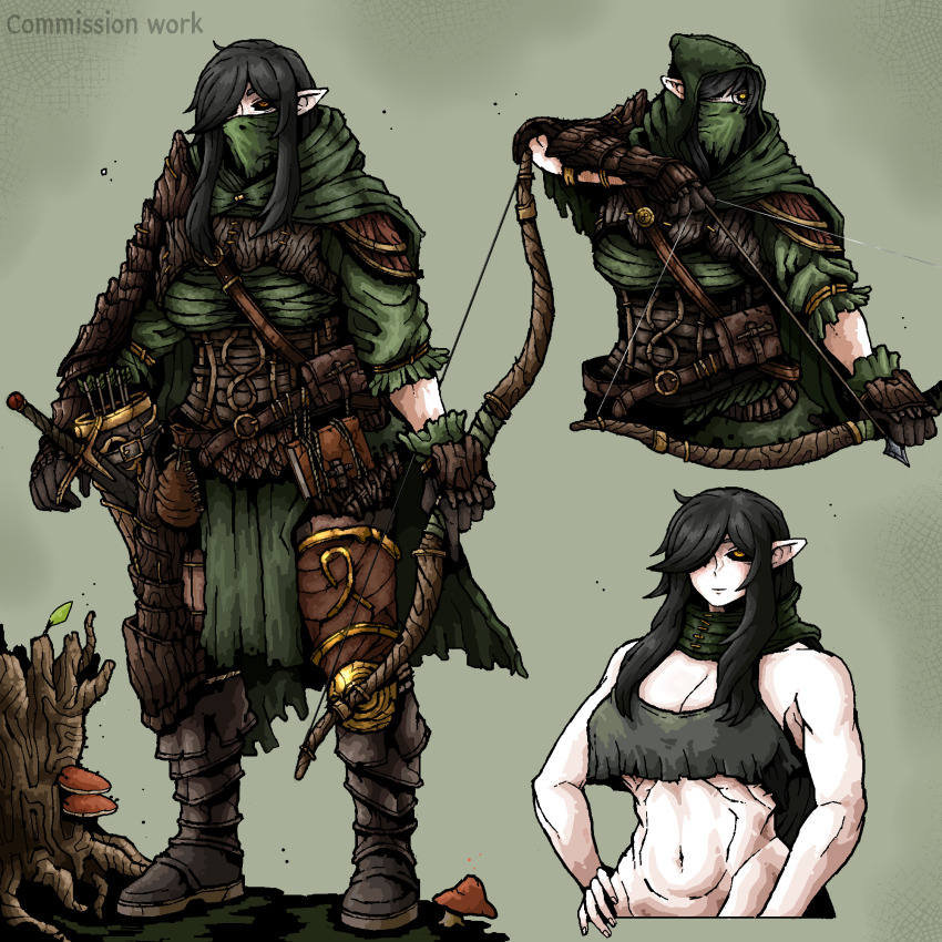 1girl armor baklava black_hair black_sclera boots bow_(weapon) cloak colored_sclera cropped_torso elf fantasy green_cloak highres hood hood_down hood_up hooded_cloak long_hair midriff multiple_views navel octosoup pointy_ears quiver scarf sheath shoulder_armor sidelocks solo sword toned toned_female warhammer_fantasy weapon yellow_eyes