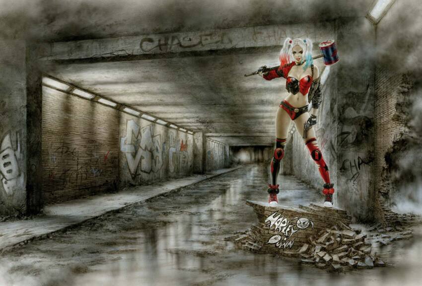 belt belt_buckle breasts brick broken_wall buckle cement cleavage clown collar colored_tips corset dc_comics diamond_(shape) dystopia fingerless_gloves fog gloves graffiti gun handgun harley_quinn haze jacket knee_pads kneehighs luis_royo mallet mismatched_socks mud multicolored_hair navel pale_skin pom_pom_(clothes) red_lips revolver shoes short_shorts shorts sidewalk single_off_shoulder sneakers socks star_(shape) thighs traditional_media tunnel weapon wet_floor white_hair