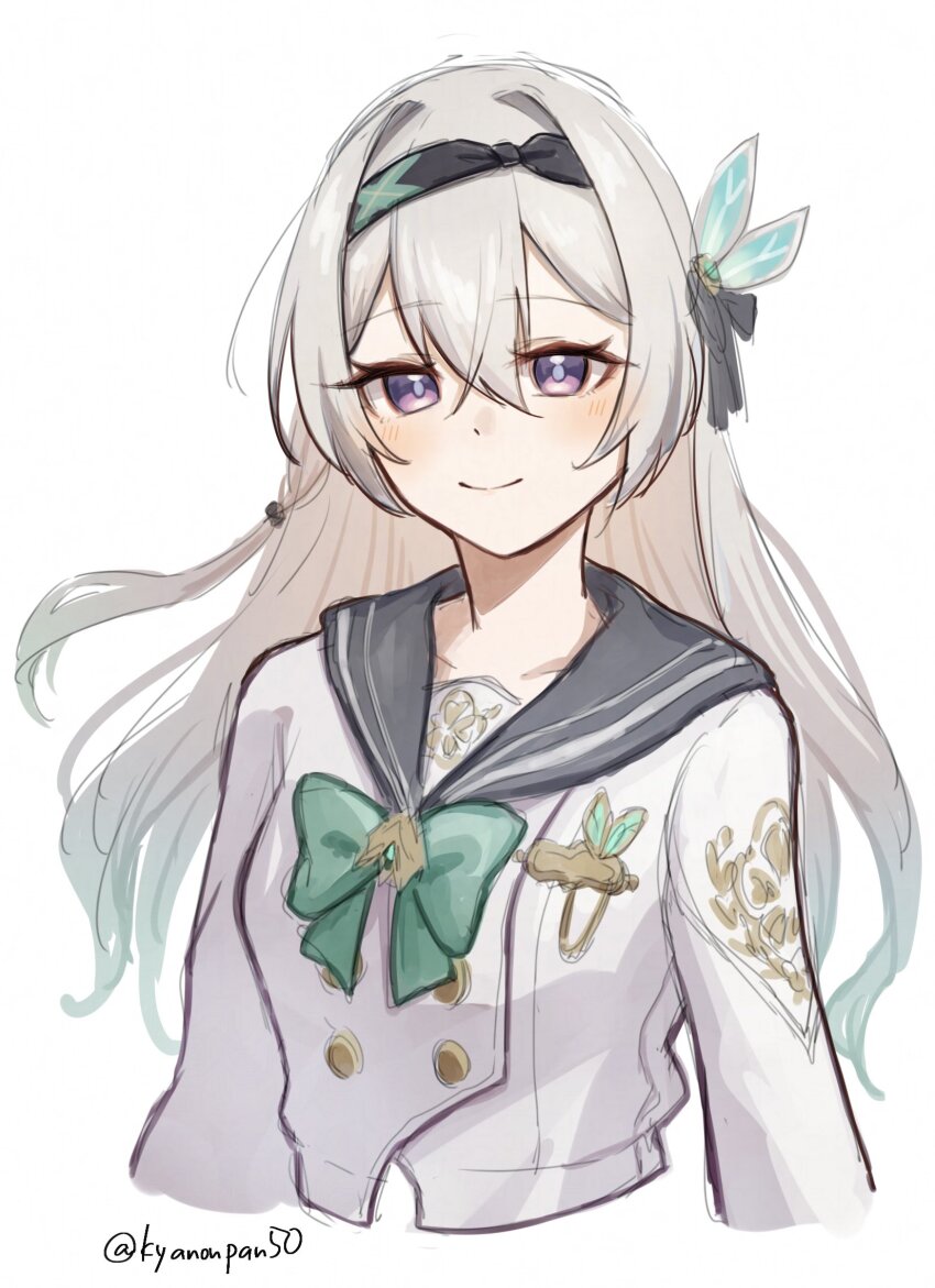 black_hairband blue_pupils blush bow bowtie buttons closed_mouth double-breasted firefly_(honkai:_star_rail) firefly_(spring_missive)_(honkai:_star_rail) gradient_hair green_bow green_bowtie grey_hair grey_ribbon grey_sailor_collar hair_between_eyes hair_intakes hair_ornament hair_ribbon hairband highres honkai:_star_rail honkai_(series) kyanonpan50 multicolored_eyes multicolored_hair ribbon sailor_collar simple_background smile two-tone_eyes upper_body white_background