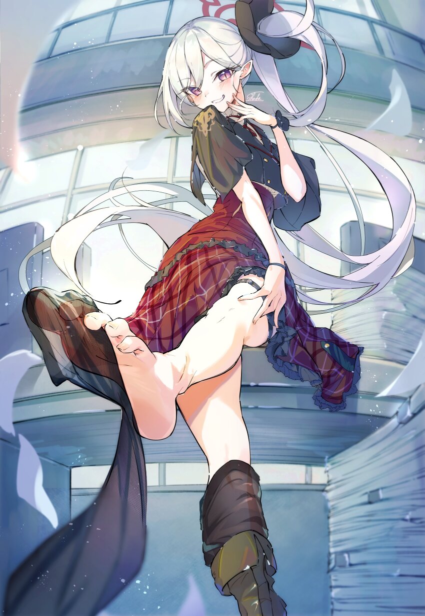 1girl absurdres barefoot black_flower black_scrunchie blue_archive boots desk flower hair_flower hair_ornament hair_scrunchie halo highres long_hair looking_at_viewer mesugaki mutsuki_(blue_archive) on_desk plaid_clothes plaid_skirt pointy_ears purple_eyes red_halo red_skirt scrunchie side_ponytail single_boot sitting skirt smile sock_dangle solo syafa toes white_hair