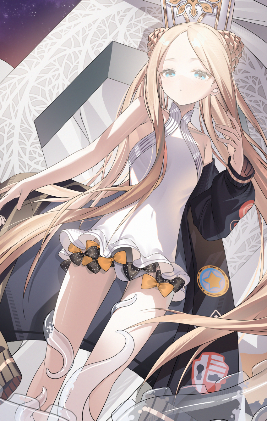 1girl abigail_williams_(fate) abigail_williams_(swimsuit_foreigner)_(fate) abigail_williams_(swimsuit_foreigner)_(second_ascension)_(fate) absurdres bare_shoulders black_bow blonde_hair blue_eyes bow braid braided_bun breasts double_bun dress_swimsuit fate/grand_order fate_(series) forehead hair_bun hat highres keyhole long_hair looking_at_viewer mitre miyu10366 one-piece_swimsuit orange_bow parted_bangs sidelocks small_breasts solo swimsuit tentacles thighs twintails very_long_hair white_hat white_one-piece_swimsuit