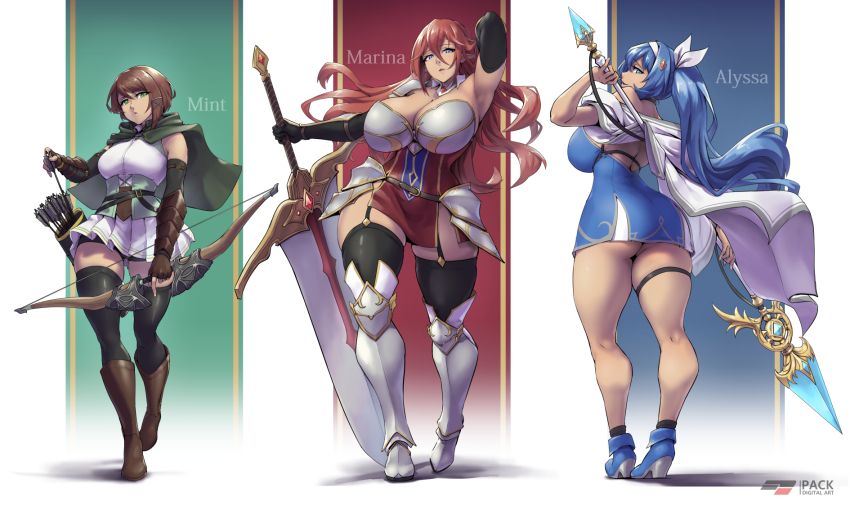 3girls armor artist_logo ass back_cutout blue_hair borrowed_character bow breasts character_name cleavage cleavage_cutout clothing_cutout commission fantasy hair_ribbon highres holding holding_weapon huge_breasts logo long_hair multiple_girls original packge pixiv_commission polearm red_hair ribbon spear tall_female thick_thighs thighhighs thighs warrior weapon wide_hips zettai_ryouiki