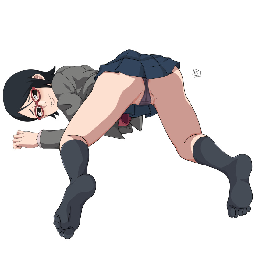 1girl aldwelter artist_logo black_eyes black_hair black_panties black_socks boruto:_naruto_next_generations boruto:_naruto_the_movie crotch_seam from_behind full_body glasses highres jacket logo long_sleeves looking_at_viewer looking_back miniskirt naruto_(series) no_shoes panties pleated_skirt red-framed_eyewear school_uniform short_hair simple_background skirt socks soles solo spread_legs toes top-down_bottom-up uchiha_sarada underwear white_background