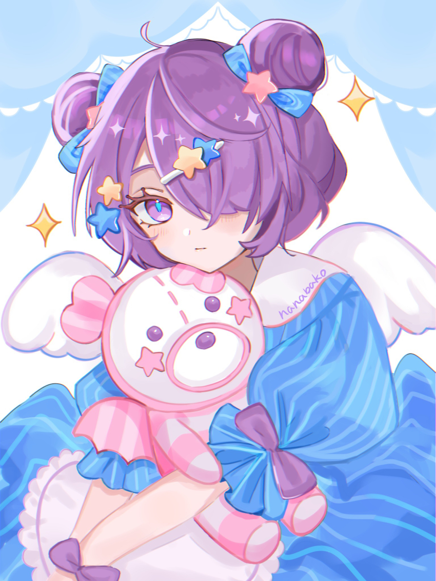1girl ahoge apron blue_bow blue_dress blue_pupils blush bow commentary_request curtains double_bun dress eyelashes hair_bun hair_ornament hair_over_one_eye heart highres irasutoya irasutoya_challenge long_bangs looking_at_viewer nanabako purple_eyes simple_background solo sparkle star_(symbol) star_hair_ornament stuffed_animal stuffed_toy teddy_bear variant_set white_apron white_background white_wings wings wrist_bow yume_kawaii yumekawa_joshi_(irasutoya)