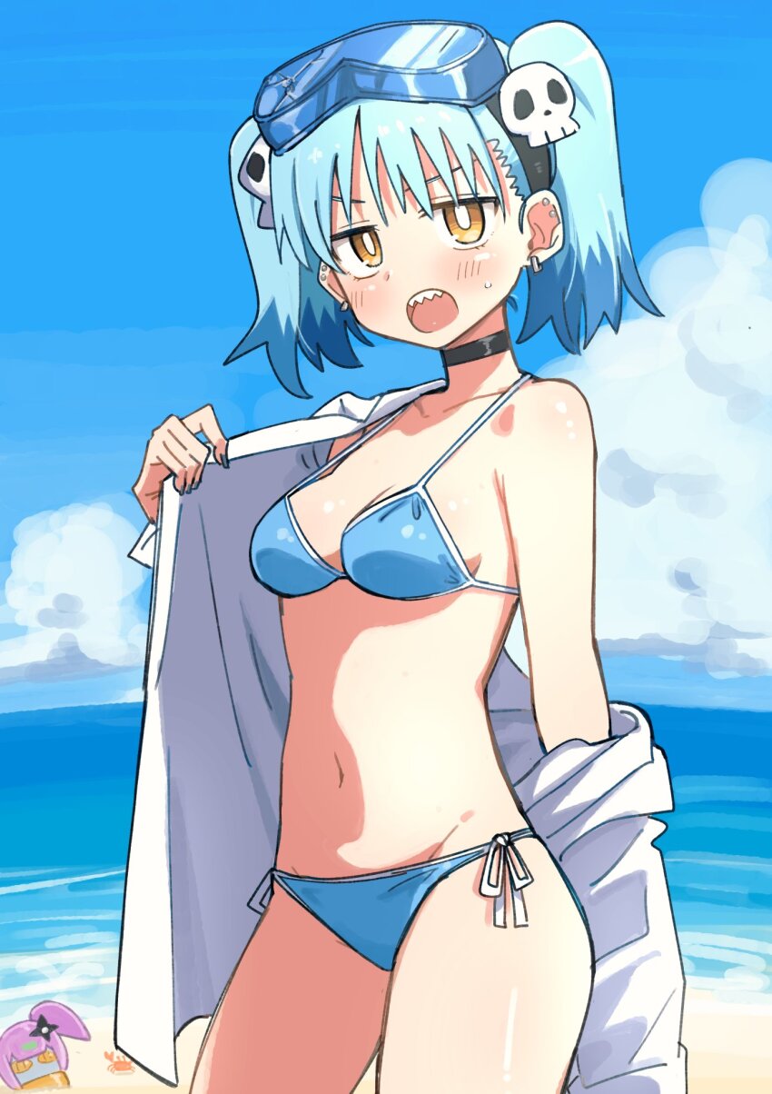 1girl beach bikini black_choker blue_bikini blue_hair blue_nails blush breasts choker cleavage cloud coat collarbone cowboy_shot crab ear_piercing earrings goggles goggles_on_head hair_ornament highres holding hundredburger izutsumi_marin jewelry lab_coat long_hair looking_at_viewer midriff multicolored_hair nail_polish navel ninja_to_koroshiya_no_futarigurashi official_art open_clothes open_coat open_mouth outdoors piercing roboko_(ninkoro) sharp_teeth side-tie_bikini_bottom single_bare_shoulder single_off_shoulder skull_hair_ornament sky small_breasts smile standing swimsuit teeth thighs twintails two-tone_hair white_coat yellow_eyes