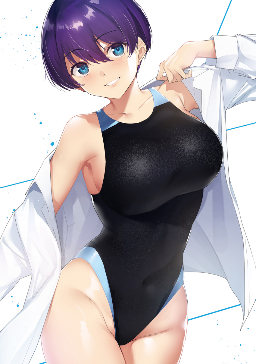 1girl armpits blue_eyes breasts cleaned cover cover_page covered_navel curvy destiny_lovers dress_shirt dressing grin groin highleg highleg_one-piece_swimsuit highres large_breasts manga_cover official_art one-piece_swimsuit open_clothes open_shirt paint_splatter purple_hair shirt short_hair sideboob simple_background smile solo swimsuit third-party_edit third-party_source tomohiro_kai white_background white_shirt yanase_aoi