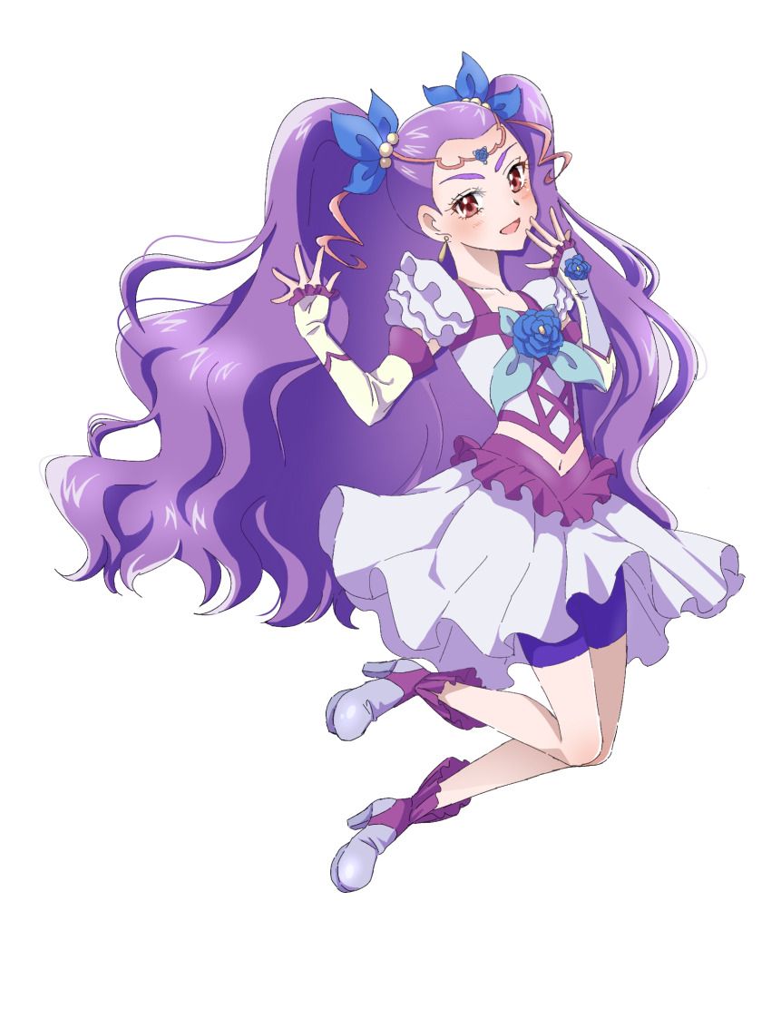 1girl arm_warmers bike_shorts bike_shorts_under_skirt blue_flower blush boots cropped_shirt earrings flower high_heel_boots high_heels highres jewelry long_hair magical_girl midriff milky_rose mimino_kurumi navel open_mouth precure purple_boots purple_hair purple_shorts red_eyes shigen_pr shorts solo two-tone_shirt two-tone_skirt two_side_up very_long_hair yes!_precure_5 yes!_precure_5_gogo!