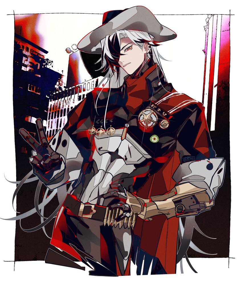 1boy absurdres belt belt_buckle black_hair black_hat boothill_(honkai:_star_rail) brown_belt buckle cowboy_shot cyborg ear_piercing earrings hair_over_one_eye hat highres honkai:_star_rail honkai_(series) jewelry long_hair looking_at_viewer male_focus multicolored_hair piercing police_badge solo split-color_hair two-tone_hair u_5ham0 v white_hair zipper