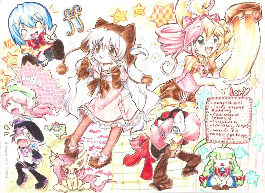 2000s_(style) 6+girls ahoge animal animal_hat animalization blue_hair cat_hat charlotte_(madoka_magica) chibi child commentary crossover drill_hair dullahan english_commentary english_text flutterbat fluttershy food green_hair hat highres lennardo_(grim_the_end) long_hair lory_(grim_the_end) mahou_shoujo_madoka_magica mahou_shoujo_madoka_magica:_hangyaku_no_monogatari mahou_shoujo_madoka_magica_(anime) mahou_shoujo_madoka_magica_movie_1_&amp;_2 me-tan miki_sayaka miki_sayaka_(magical_girl) momoe_nagisa momone_momo multiple_girls my_little_pony my_little_pony:_friendship_is_magic original os-tan pink_hair pudding purple_hair school_uniform short_hair sitting star_(symbol) traditional_media twin_drills utane_uta utau v white_hair