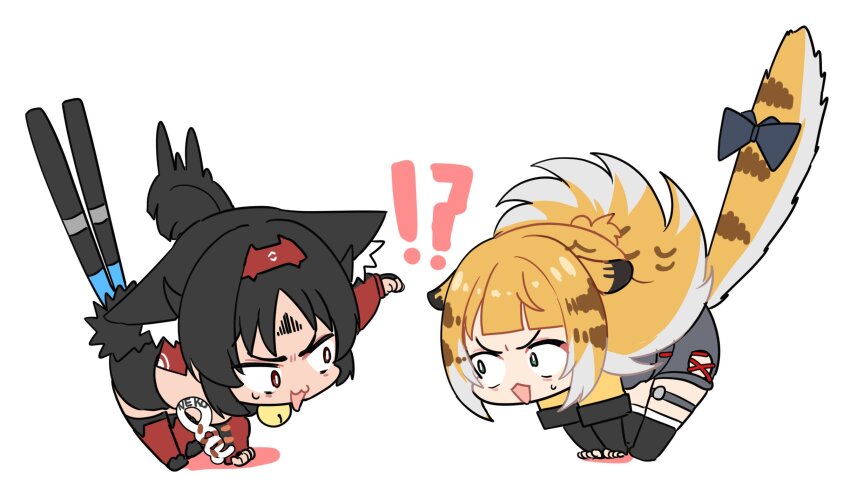!? 2girls all_fours animal_ears bell black_bow black_hair black_shoes blonde_hair bow cat_ears cat_girl cat_tail commentary_request forehead_tattoo green_eyes highres isuka jingle_bell ju_fufu long_hair looking_at_another mechanical_tail multiple_girls multiple_tails neck_bell nekomiya_mana open_mouth ponytail red_eyes shoes simple_background stiff_tail sweatdrop tail tail_bow tail_ornament tiger_ears tiger_girl tiger_tail two_tails white_background zenless_zone_zero