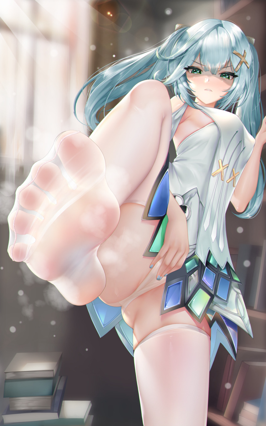 1girl aqua_hair aqua_nails breasts clothing_cutout cowlick disgust dress faruzan_(genshin_impact) feet foot_out_of_frame genshin_impact green_eyes hair_ornament hand_on_own_crotch highres kamue leg_up legs light_rays long_hair looking_at_viewer medium_breasts no_shoes panties parted_lips shoulder_cutout sidelocks soles solo spread_toes standing standing_on_one_leg symbol-shaped_pupils thighhighs toes triangle-shaped_pupils twintails underwear white_dress white_panties white_thighhighs x_hair_ornament