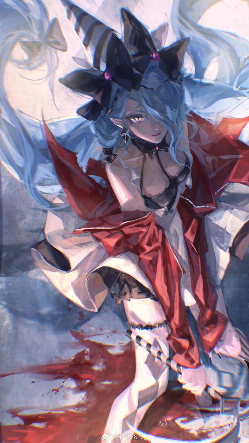 1girl absurdres aqua_hair aqua_scales argyle_clothes argyle_thighhighs asymmetrical_legwear bare_shoulders between_breasts black_bow black_dress blood bow breasts cleavage collarbone commentary dress earrings feet_out_of_frame hair_bow hair_over_one_eye halter_dress halterneck hand_on_own_knee hashtag-only_commentary hat highres holding holding_weapon jacket jewelry kama_(weapon) kneehighs long_hair low-tied_long_hair medium_breasts mismatched_legwear off_shoulder one_eye_covered party_hat path_to_nowhere pointy_ears pool_of_blood red_jacket scales serpent_(path_to_nowhere) sickle single_thighhigh slit_pupils socks solo strap_between_breasts striped_clothes striped_socks thighhighs two-tone_dress vertical-striped_clothes vertical-striped_socks watermark weapon weibo_watermark white_dress white_eyes yangmao_feifei