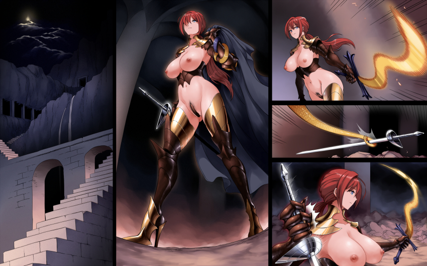 1girl armor armored_boots blue_eyes boots breasts cape corruption dark_persona female_knight gloves high_heels highres large_breasts long_hair naked_armor nipples original ponytail red_hair reverse_bikini_armor reverse_outfit sword uns_(sdsxsoverlord) weapon
