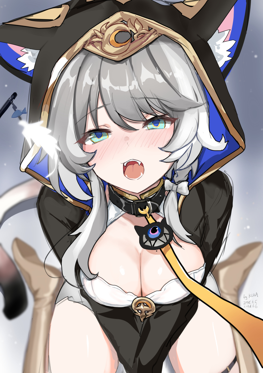 1girl animal_ear_fluff animal_ears blue_eyes bow braid breasts cat_ears cat_girl cipher_(honkai:_star_rail) cleavage_cutout clothing_cutout commentary_request dated fangs hair_bow highres honkai:_star_rail honkai_(series) hood hood_up kkkula_(kula) large_breasts leash looking_at_viewer open_mouth paid_reward_available short_hair side_braid sitting solo viewer_holding_leash wariza white_bow white_hair